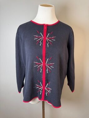 Navy Cardigan with Red Trim and firework Embroidery